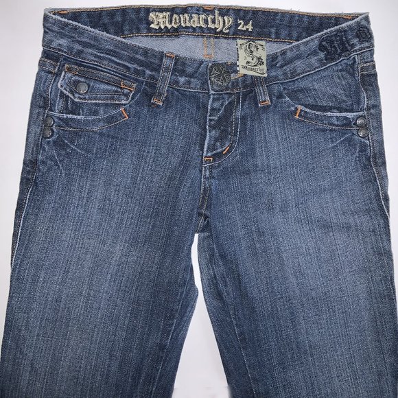 MONARCHY WOMENS SIZE 24 DISTRESSED FLARED BLUE JEANS WITH FANCY BUTTONS - Picture 2 of 6